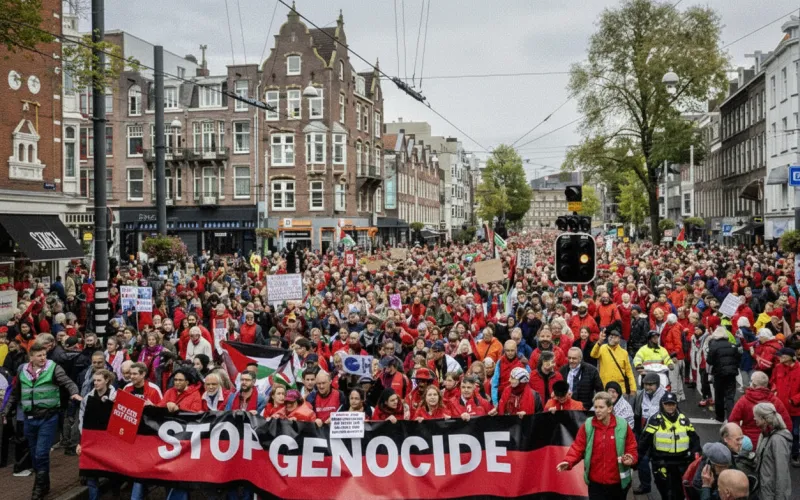 গাজায় ইসরায়েলি হামলার প্রতিবাদে আমস্টারডামে লাখো মানুষের বিক্ষোভ