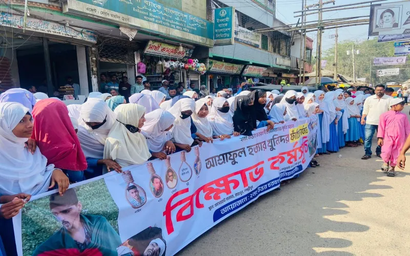 রায়পুরে কলেজছাত্র আশরাফুল হত্যা মামলার আসামি গ্রেপ্তারের দাবিতে মানববন্ধন ও বিক্ষোভ